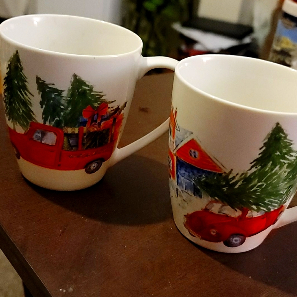CHRISTMAS RED TRUCK AND RED VOLKSWAGON CUPS